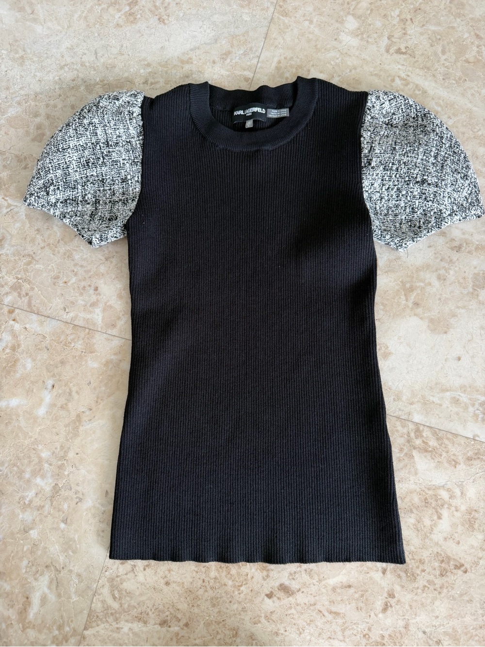 Karl Lagerfeld Black Ribbed Knit Top with Black and White Tweed Puff Sleeves